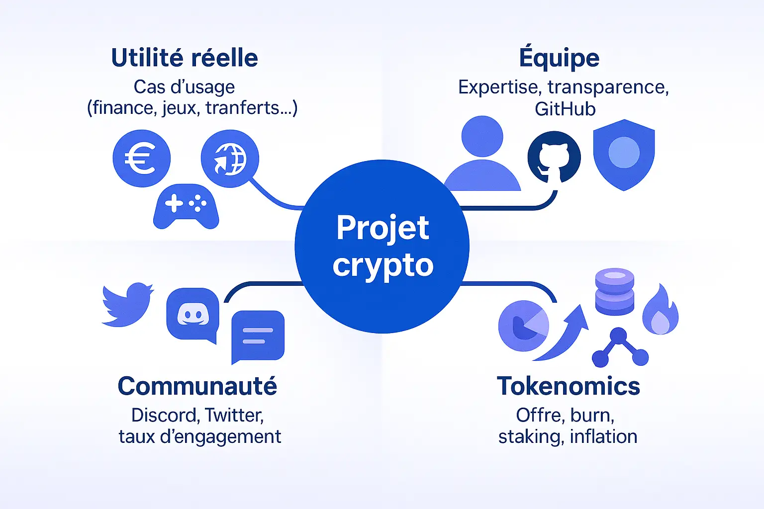 Schéma des critères pour analyser une cryptomonnaie prometteuse en 2025