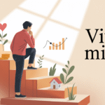 Homme montant un escalier symbolique vers une vie meilleure, entouré d’icônes représentant la santé, les finances, les relations et l’apprentissage, avec l’inscription 'Vivre mieux'.