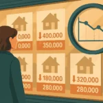 Femme analysant des annonces immobilières en vitrine avec baisses de prix et graphique d'évolution, illustrant l'utilisation d’un outil comme Castorus pour repérer les opportunités immobilières.
