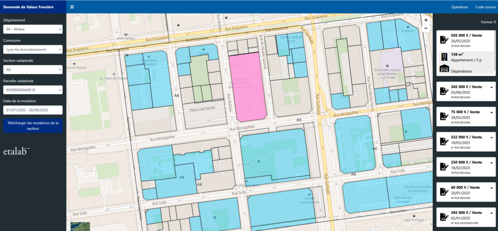 illustration d'une recherche réalisée sur la base DVF