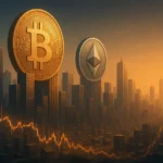 Illustration représentant les capitalisations crypto : Bitcoin et Ethereum comme gratte-ciel dominants, symbolisant les large-caps, avec en arrière-plan des tokens plus petits illustrant les mid-cap et small-cap, sur fond de graphique boursier.