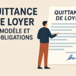 Un homme observe une quittance de loyer géante avec des mentions légales visibles, soulignant les obligations du bailleur. Illustration claire en style flat design, avec typographie en français.