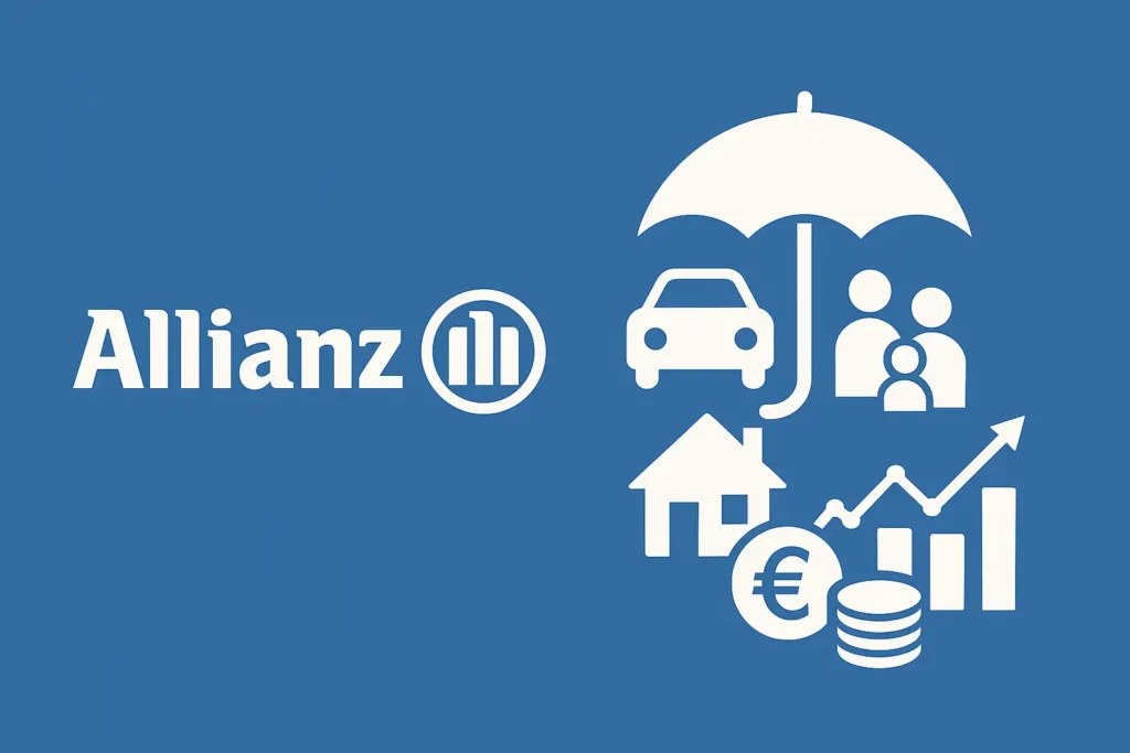 Illustration vectorielle représentant les activités du groupe Allianz dans l’assurance et la finance, incluant des icônes de voiture, maison, famille, croissance boursière et euro sur fond bleu.
