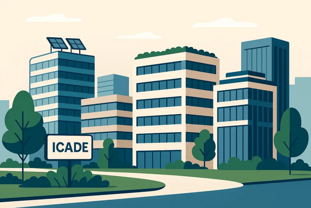 Illustration vectorielle d’immeubles de bureaux durables, représentant le parc immobilier tertiaire d’Icade avec panneaux solaires, toits végétalisés et environnement urbain moderne.