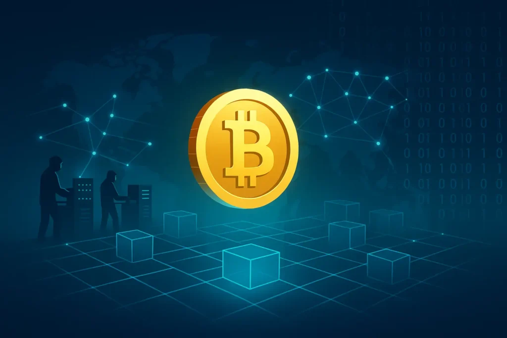 Illustration d’un bitcoin doré flottant au-dessus d’un réseau blockchain, avec des mineurs, des blocs de données et une carte du monde connectée, symbolisant la décentralisation et la technologie numérique du Bitcoin.