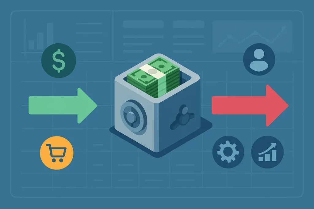Illustration vectorielle d’un coffre-fort symbolisant le cash flow d’une entreprise, avec flèches vertes et rouges représentant les flux de trésorerie entrants et sortants, sur fond de tableau de bord financier.