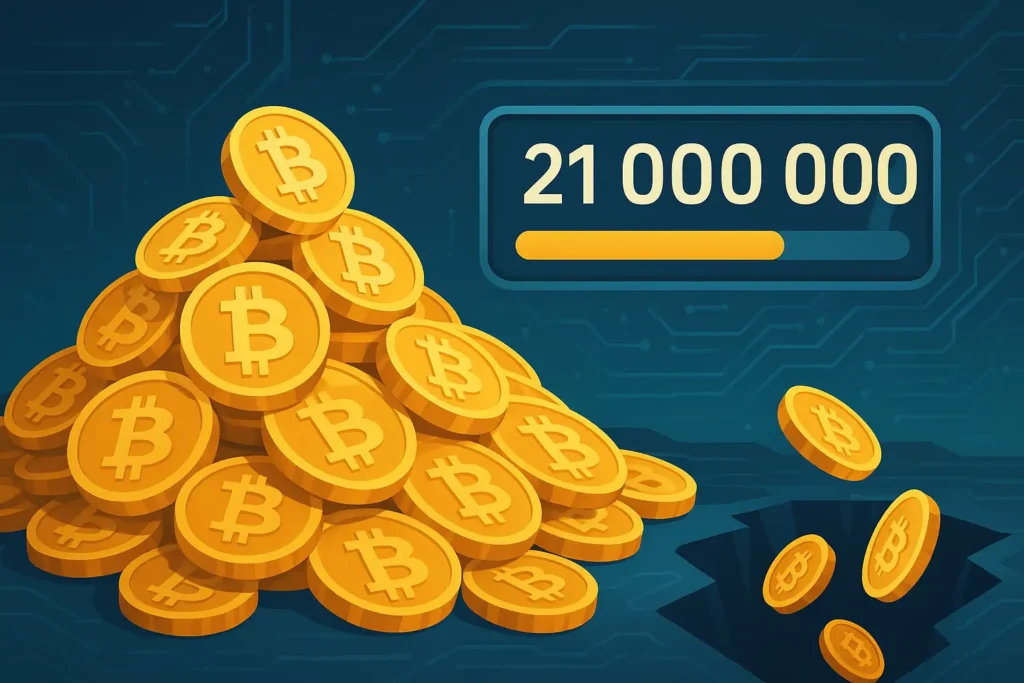 Illustration vectorielle d’une pile de pièces Bitcoin avec un compteur numérique indiquant 21 millions d’unités, symbolisant la rareté programmée et les bitcoins perdus.