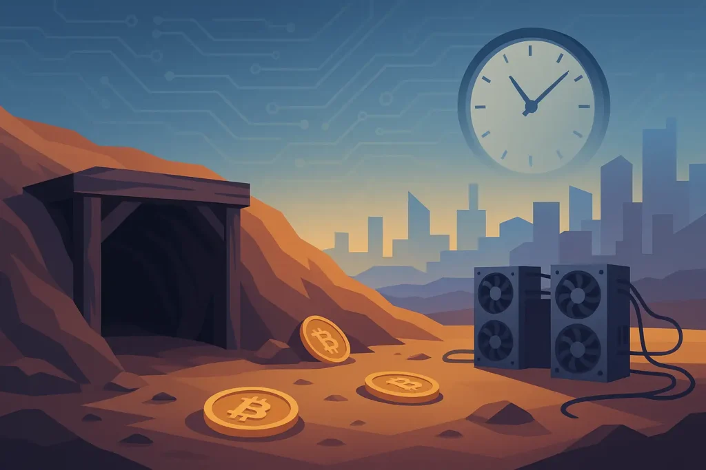 Illustration vectorielle d’un site de minage Bitcoin presque abandonné, avec des pièces dispersées, une horloge symbolique et des machines à l’arrêt, évoquant la rareté programmée et la fin de l’émission du BTC.