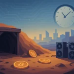 Illustration vectorielle d’un site de minage Bitcoin presque abandonné, avec des pièces dispersées, une horloge symbolique et des machines à l’arrêt, évoquant la rareté programmée et la fin de l’émission du BTC.