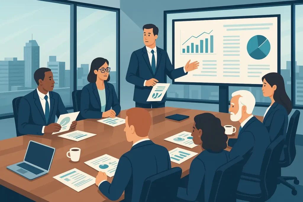 Réunion du comité exécutif (COMEX) dans une salle de conseil moderne, dirigeants d’entreprise discutant de la stratégie autour d’une table, avec graphiques à l’écran.