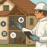 Inspecteur immobilier en combinaison examinant une maison en coupe, avec icônes de diagnostics DPE, gaz, électricité, termites et isolation – illustration vectorielle sur le coût des diagnostics immobiliers en 2025.