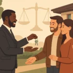 Agent immobilier remettant les clés à un couple devant une maison moderne avec panneau vendu, illustrant la répartition des frais d'agence immobilière.