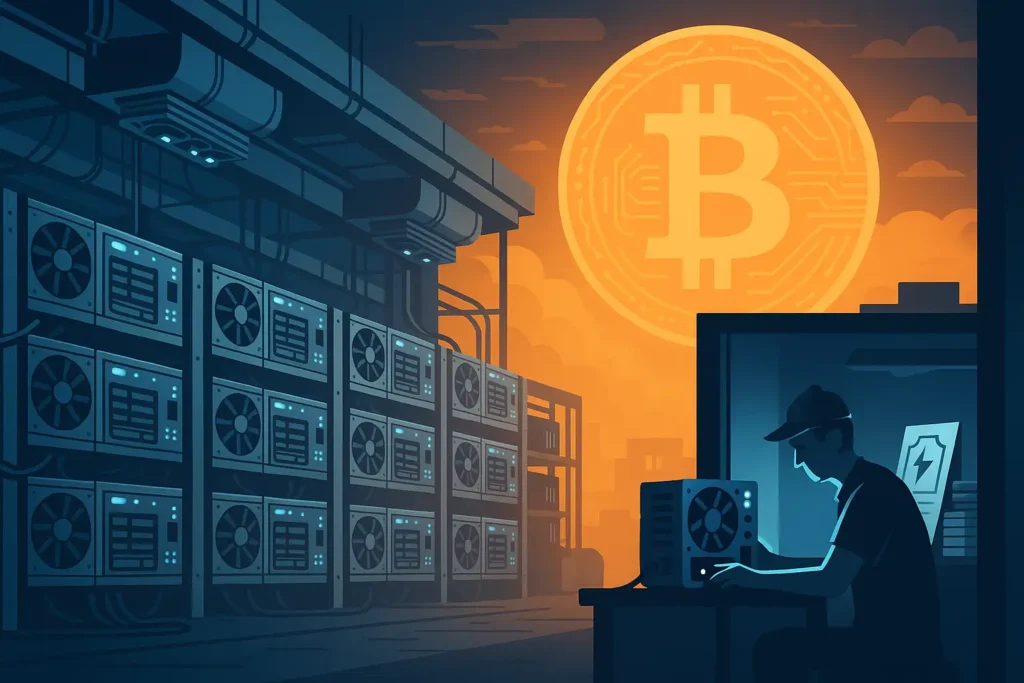 illustration vectorielle montrant la différence entre un mineur de Bitcoin individuel et une ferme industrielle en 2025, avec un grand symbole Bitcoin en arrière-plan.