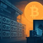 illustration vectorielle montrant la différence entre un mineur de Bitcoin individuel et une ferme industrielle en 2025, avec un grand symbole Bitcoin en arrière-plan.