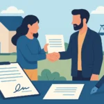Scène vectorielle d’un acheteur et d’un vendeur immobilier échangeant une offre d’achat signée devant une maison, avec des symboles juridiques en arrière-plan.