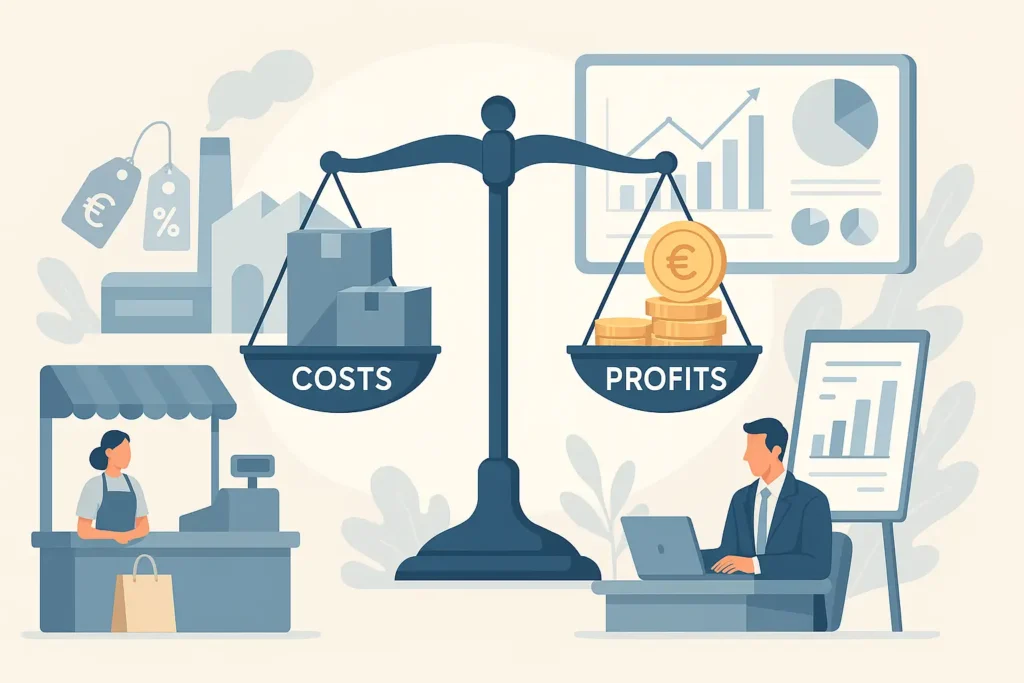 Illustration vectorielle représentant un équilibre entre coûts et profits dans différents secteurs (commerce, production, services), avec des graphiques et symboles financiers, pour illustrer le calcul du taux de marge.