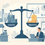 Illustration vectorielle représentant un équilibre entre coûts et profits dans différents secteurs (commerce, production, services), avec des graphiques et symboles financiers, pour illustrer le calcul du taux de marge.