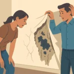 Illustration vectorielle d’un couple découvrant un vice caché immobilier, avec des infiltrations d’eau et des moisissures derrière un mur fraîchement repeint.