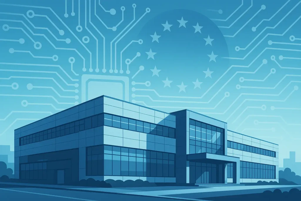 Illustration vectorielle d'une usine européenne de semi-conducteurs, avec circuits imprimés stylisés et design high-tech bleu-gris, symbolisant l’innovation technologique de STMicroelectronics