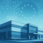 Illustration vectorielle d'une usine européenne de semi-conducteurs, avec circuits imprimés stylisés et design high-tech bleu-gris, symbolisant l’innovation technologique de STMicroelectronics