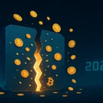 Illustration vectorielle du halving Bitcoin 2028 : un bloc numérique fracturé libère des pièces ₿ dorées, symbolisant la réduction de l’offre programmée et la rareté du Bitcoin.