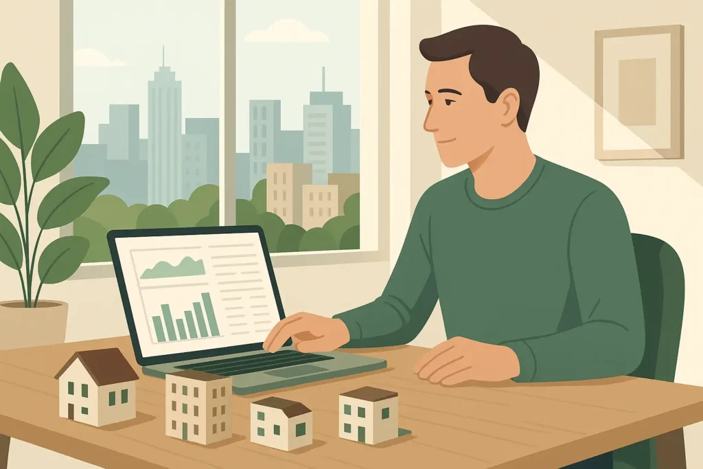 Personne consultant ses revenus locatifs sur un ordinateur portable, entourée de maquettes d’immeubles, dans un bureau lumineux avec vue sur la ville — symbole de la stratégie pour devenir rentier immobilier.