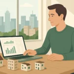 Personne consultant ses revenus locatifs sur un ordinateur portable, entourée de maquettes d’immeubles, dans un bureau lumineux avec vue sur la ville — symbole de la stratégie pour devenir rentier immobilier.