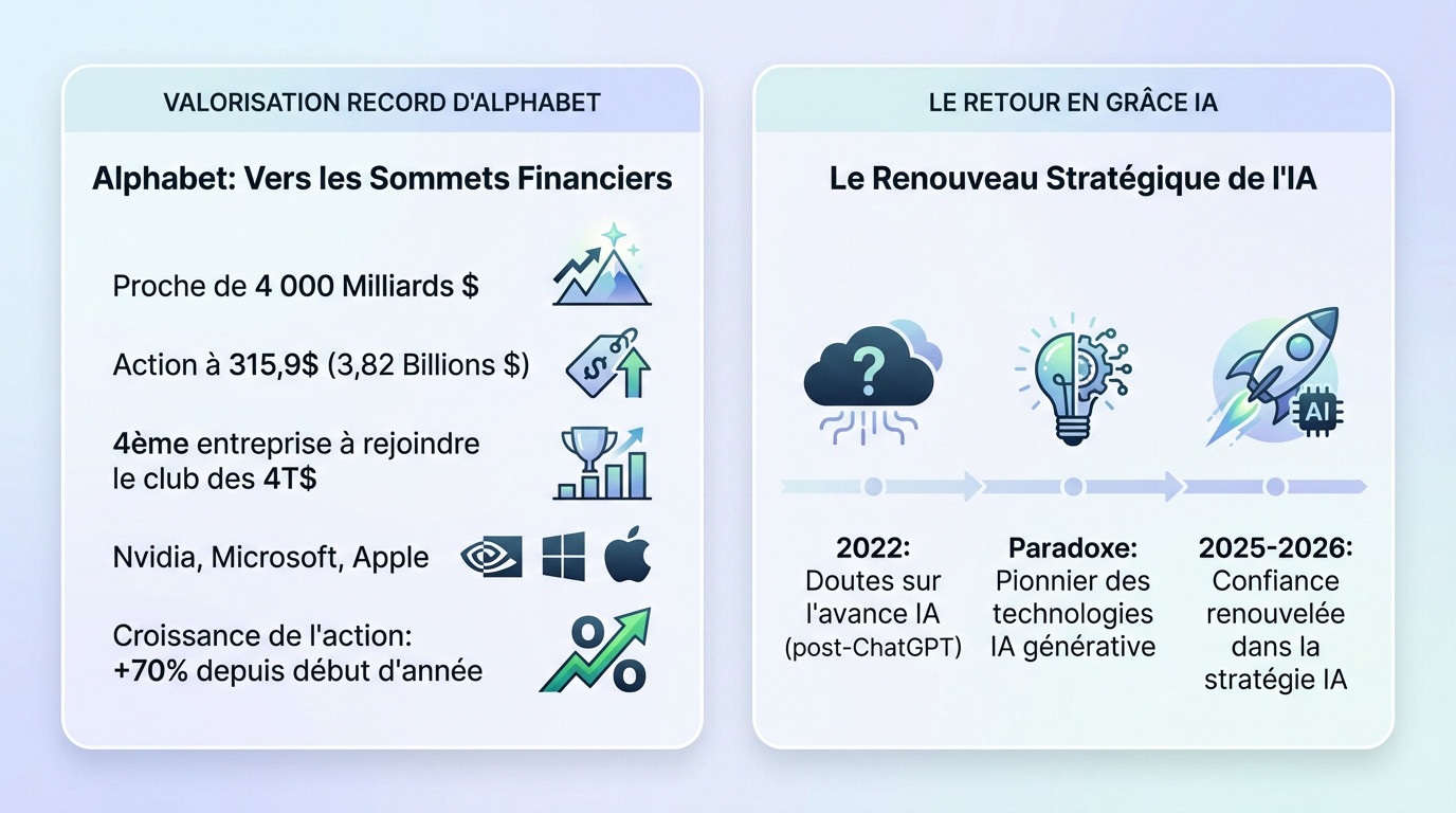 Graphique boursier montrant la montée en puissance d'Alphabet vers les 4000 milliards de dollars grâce à l'IA