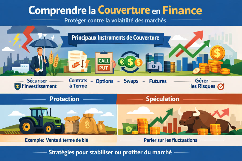Illustration vectorielle expliquant la couverture en finance, avec des instruments dérivés (contrats à terme, options, swaps, futures) et la protection contre la volatilité des marchés
