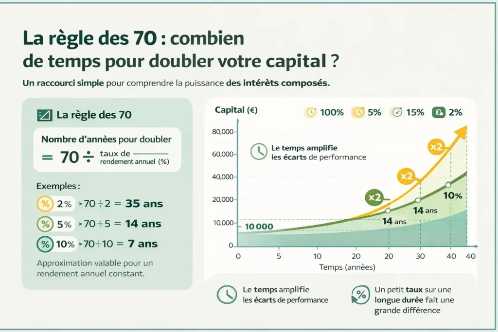 Infographie pĂ©dagogique expliquant la rĂšgle des 70 et les intĂ©rĂȘts composĂ©s, montrant comment un capital double dans le temps selon diffĂ©rents taux de rendement (2 %, 5 %, 10 %), avec formule, exemples chiffrĂ©s et graphique de croissance exponentielle.