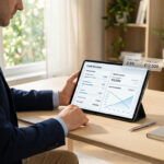 Un homme en costume utilise une tablette pour simuler un crédit. L'écran affiche un simulateur avec taux et coût total du prêt.