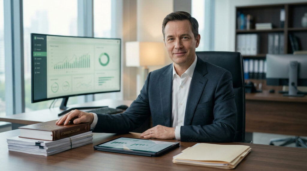 Un avocat professionnel en costume sourit à son bureau avec des graphiques financiers sur ses écrans.