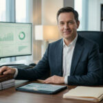 Un avocat professionnel en costume sourit à son bureau avec des graphiques financiers sur ses écrans.