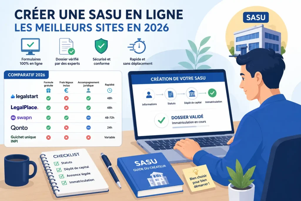 Illustration vectorielle sur la création d'une SASU en ligne en 2026 présentant les meilleures plateformes juridiques, les démarches administratives et le comparatif des offres.