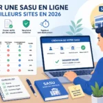 Illustration vectorielle sur la création d'une SASU en ligne en 2026 présentant les meilleures plateformes juridiques, les démarches administratives et le comparatif des offres.