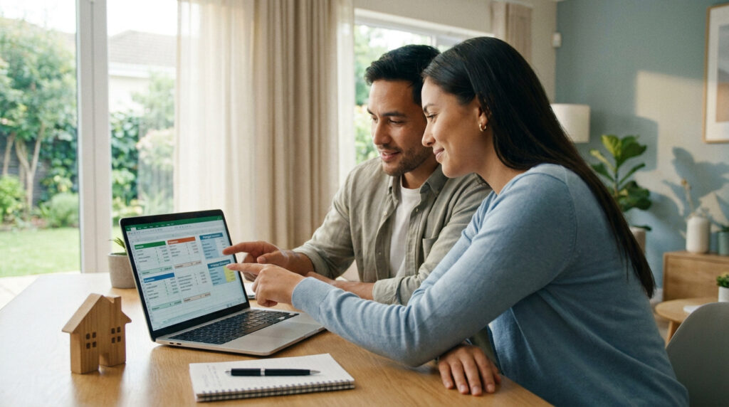Un couple souriant analyse leurs finances sur un ordinateur portable devant une maison miniature.