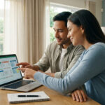 Un couple souriant analyse leurs finances sur un ordinateur portable devant une maison miniature.