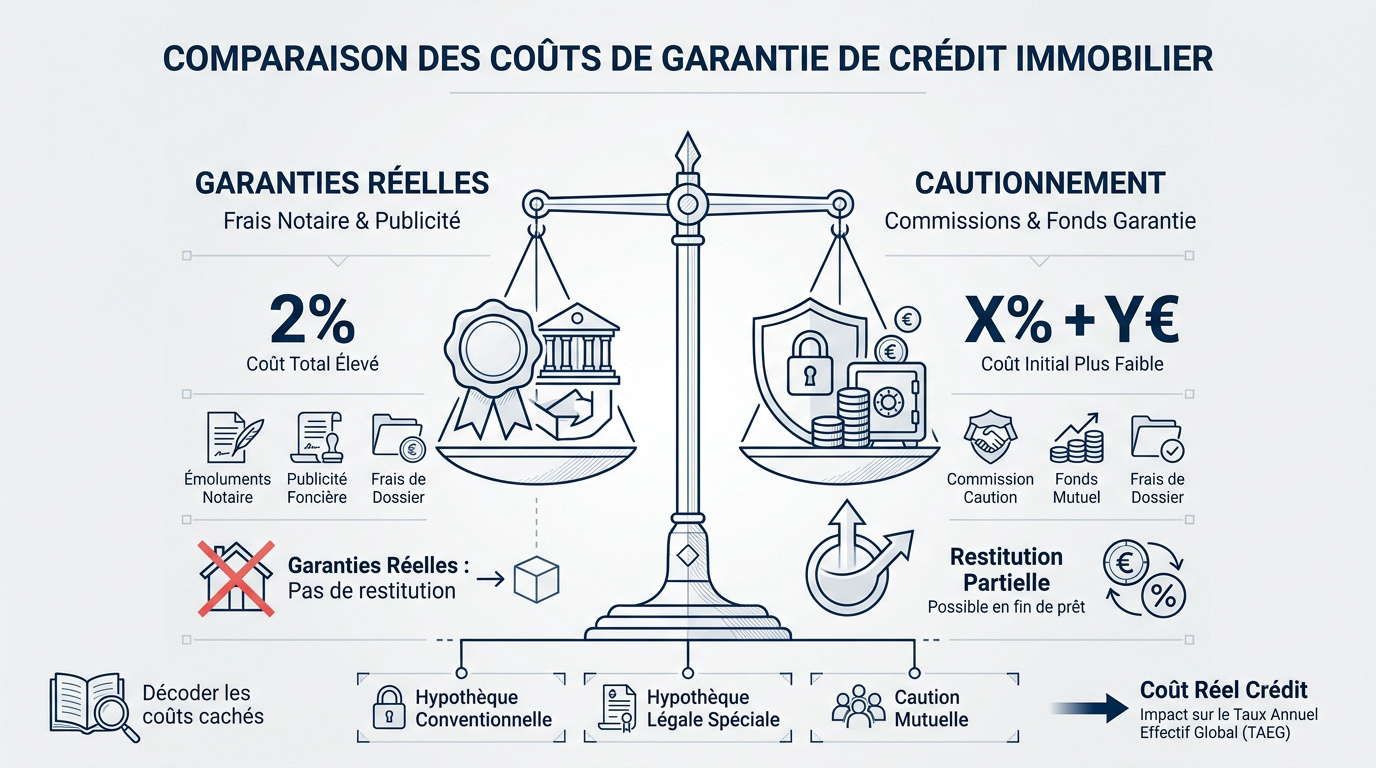 Tableau comparatif des frais entre caution bancaire et hypothèque pour un prêt immobilier