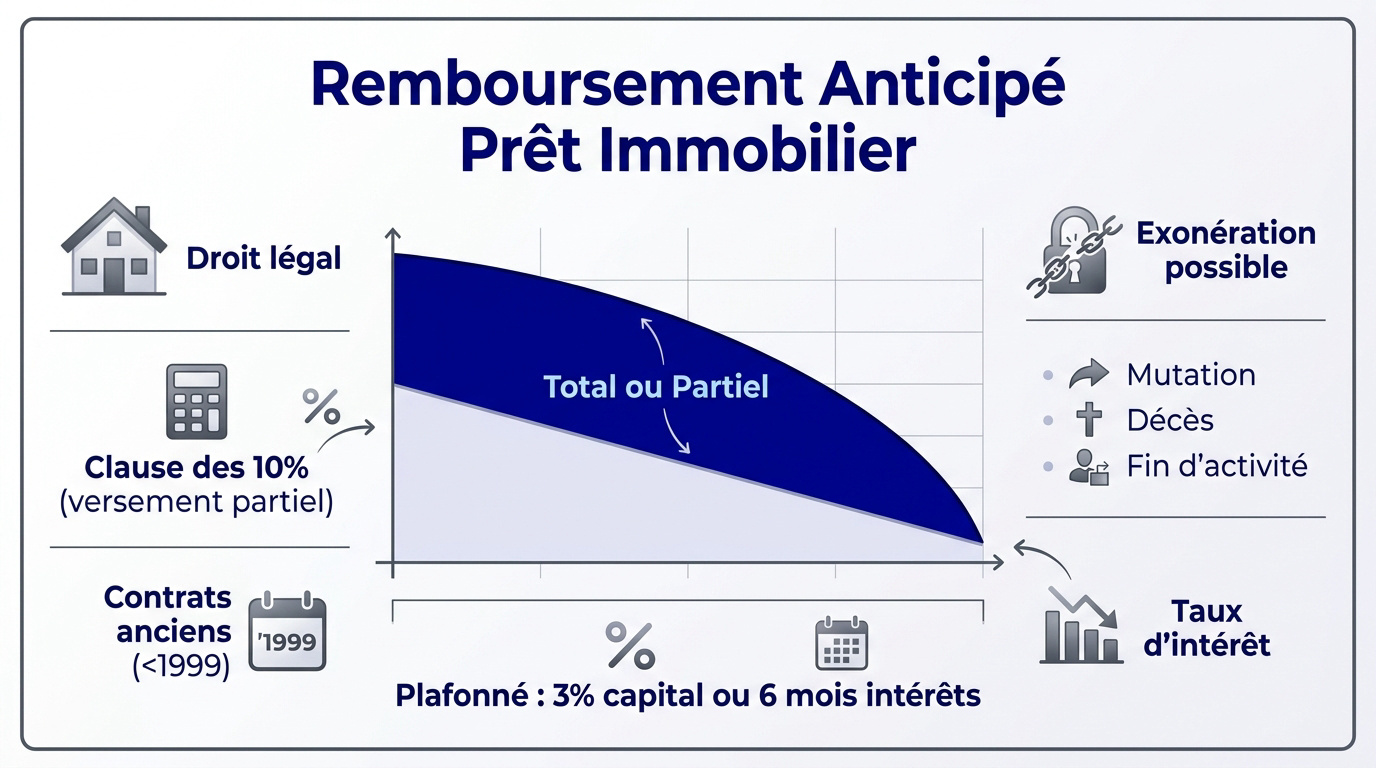 Infographie détaillant les plafonds des indemnités et conditions de remboursement anticipé d'un prêt immobilier