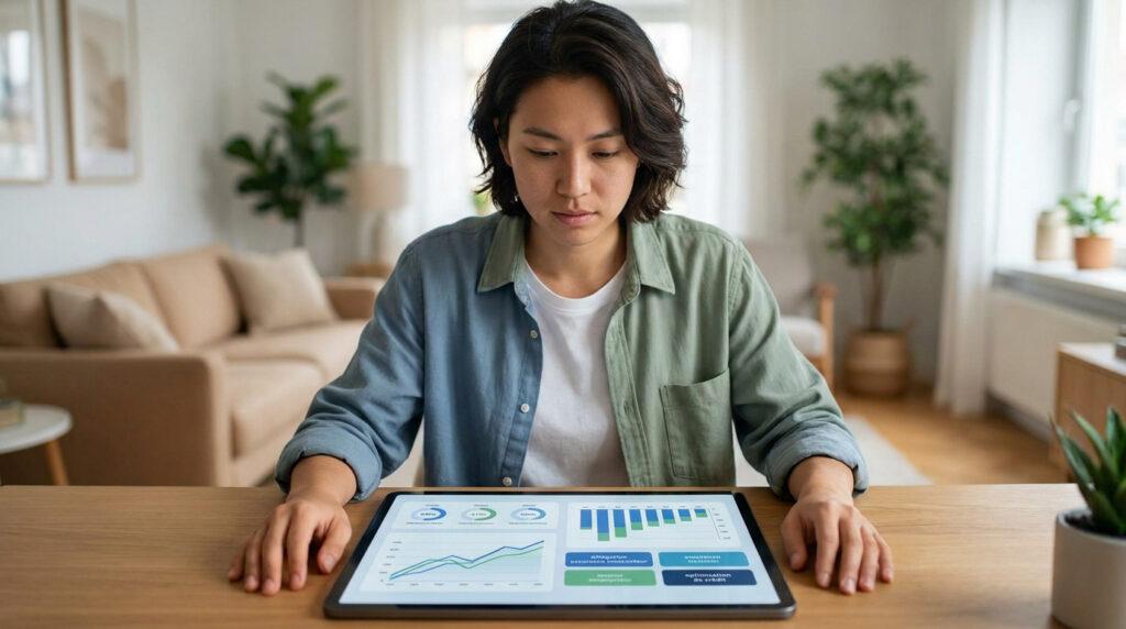 Une personne consulte des graphiques financiers sur une tablette numérique dans un salon lumineux.