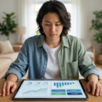 Une personne consulte des graphiques financiers sur une tablette numérique dans un salon lumineux.