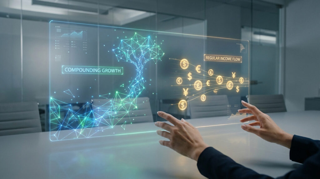 Une personne manipule un écran holographique illustrant la croissance par intérêts composés et les flux de revenus.