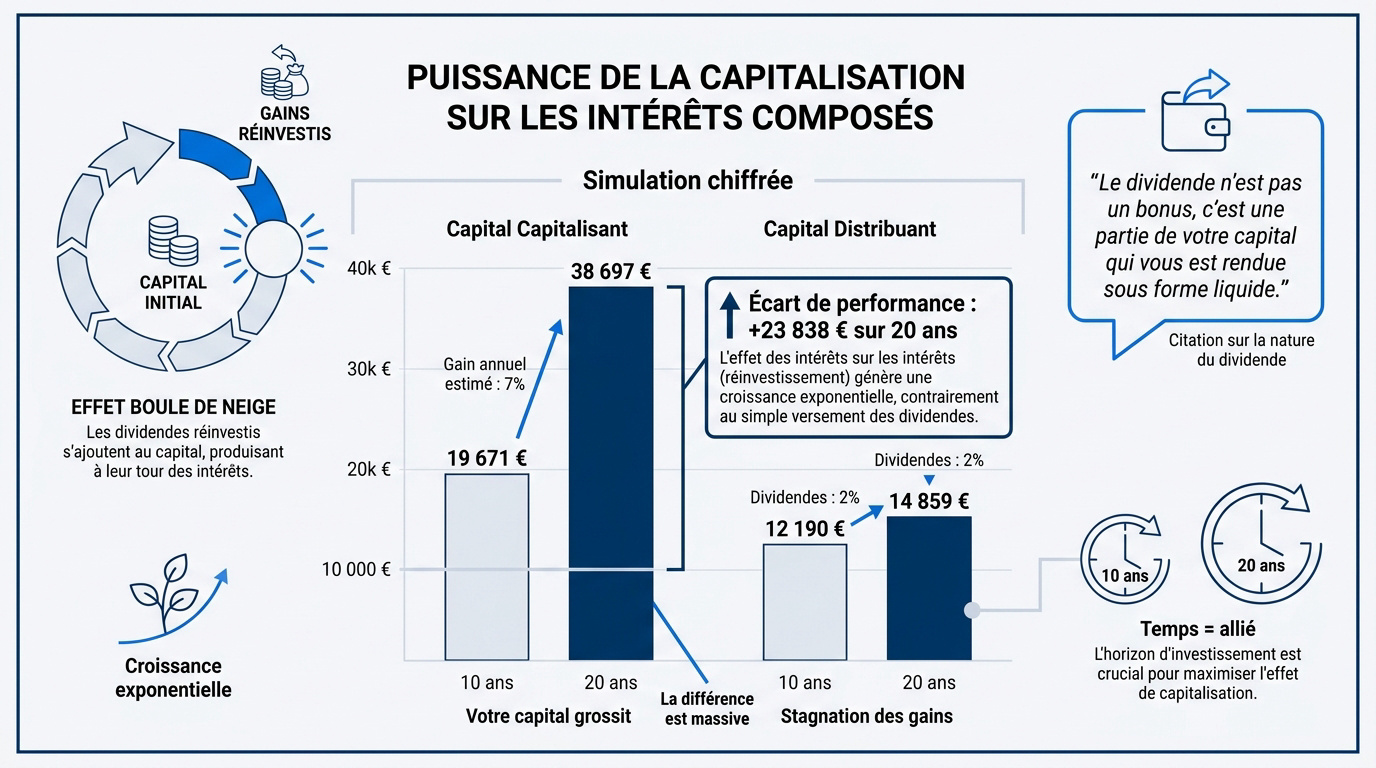Graphique comparatif de la performance entre ETF capitalisant et distribuant sur le long terme