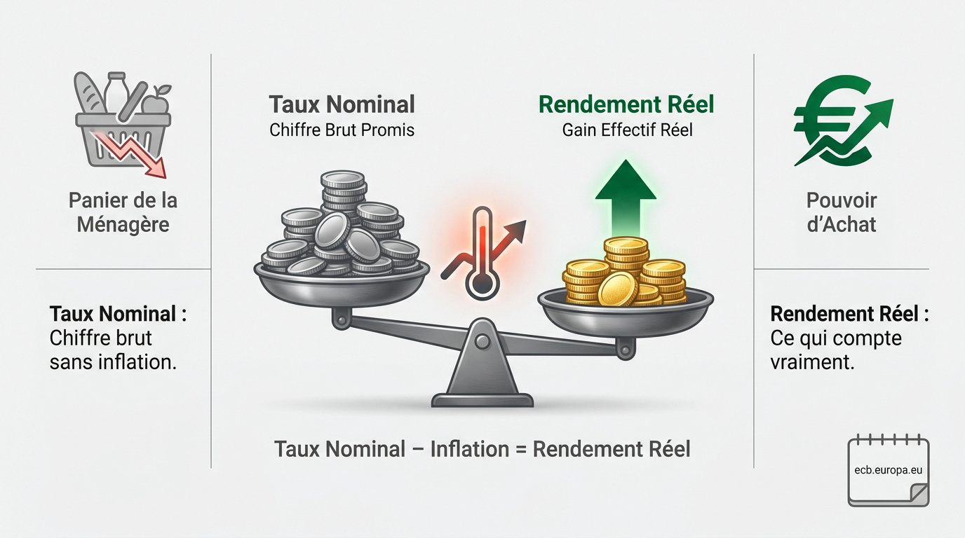 Représentation graphique de la balance entre le rendement nominal et l'inflation pour obtenir le taux réel