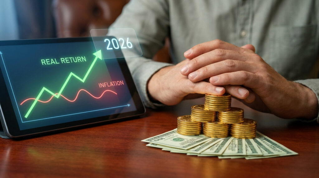 Une personne protège des piles de pièces d'or devant une tablette affichant un graphique de rendement et d'inflation.