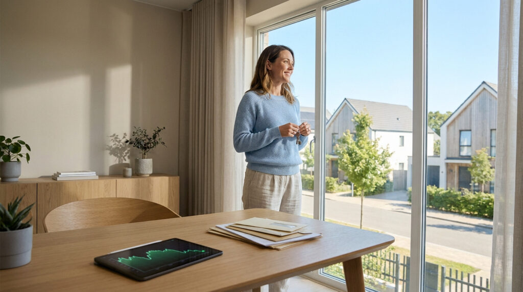 Une femme souriante tient des clés de maison devant une fenêtre, avec une tablette montrant un graphique financier sur la table.
