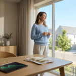 Une femme souriante tient des clés de maison devant une fenêtre, avec une tablette montrant un graphique financier sur la table.