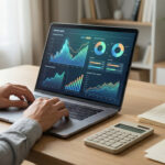 Une personne travaillant sur un ordinateur portable affichant des graphiques financiers avec des documents de prêt à côté.