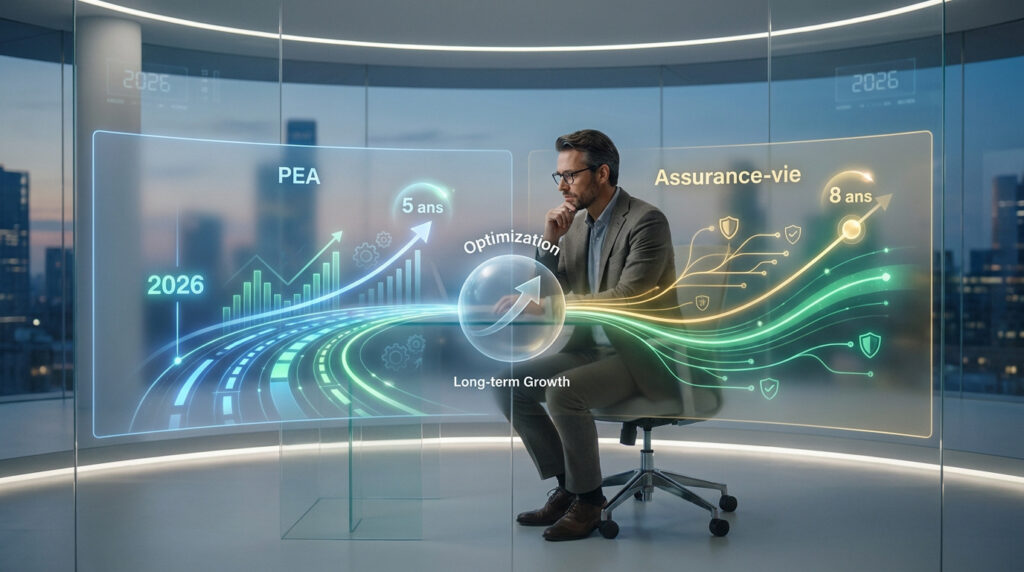 Un homme d'affaires analyse des graphiques financiers holographiques comparant le PEA et l'assurance-vie pour 2026.