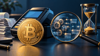 Bitcoin, terminal de paiement, loupe et sablier illustrant les coûts cachés des paiements en cryptomonnaies.